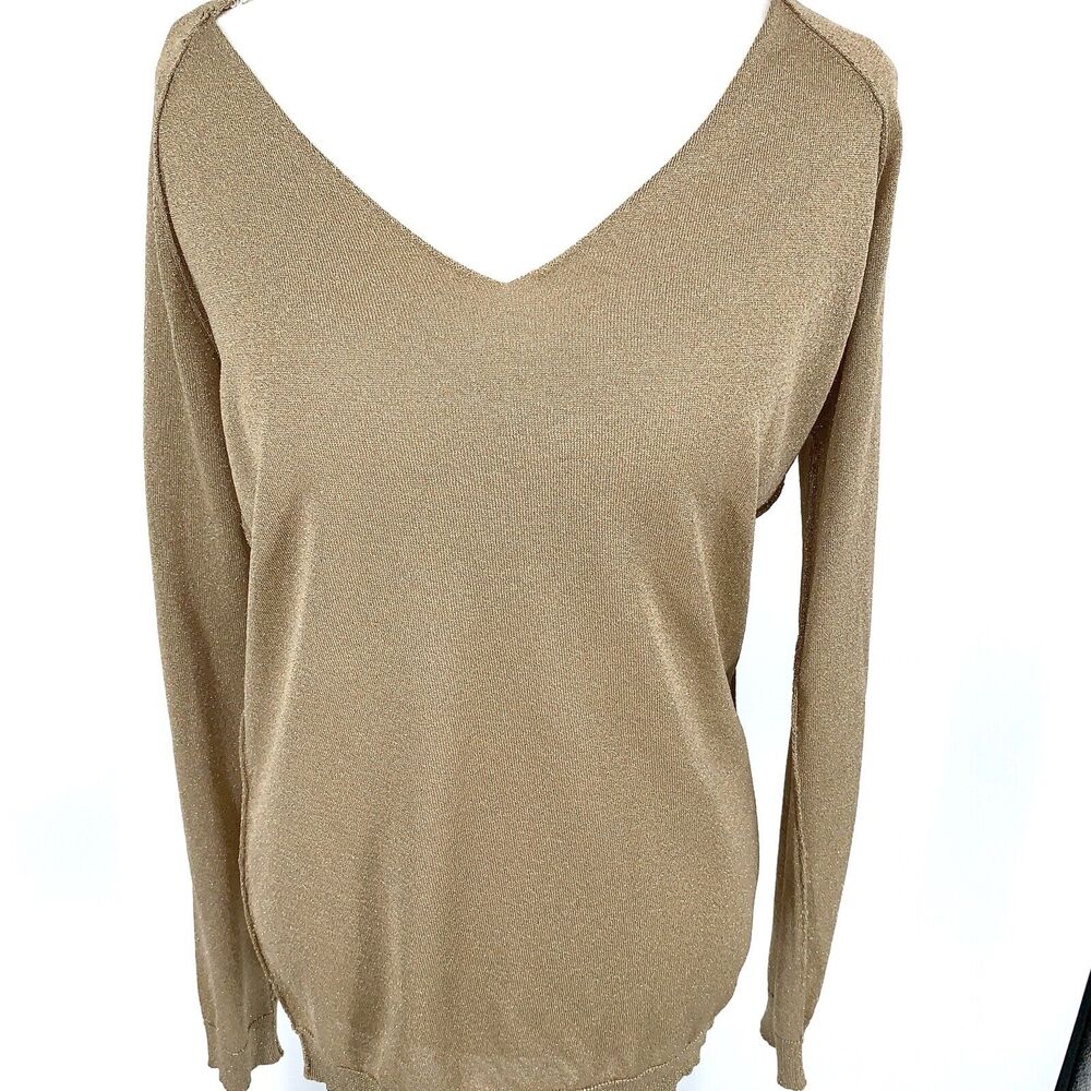 NOT SHY Women's Gold Shimmer V-neck Knit Top, Size L NWOT